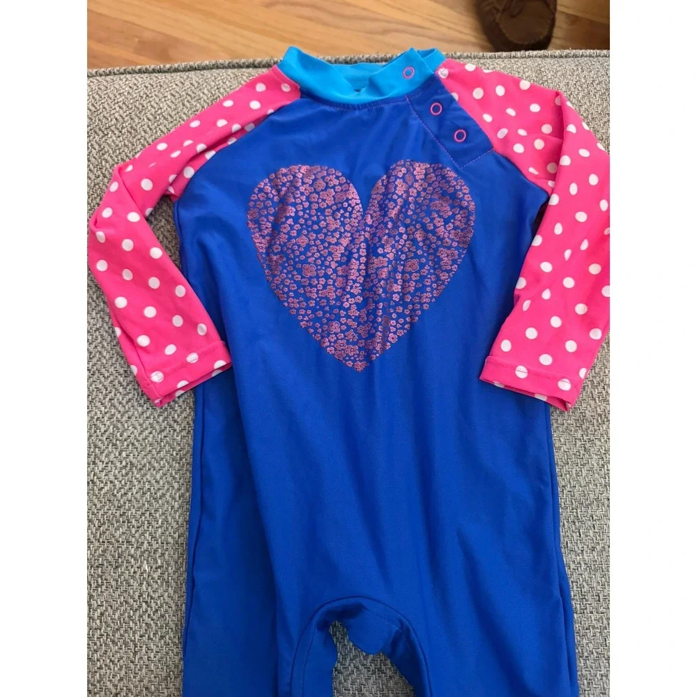 Coolibar Baby Girls 6-12M Beach One Piece Full Coverage Pink and Blue Swim Suit